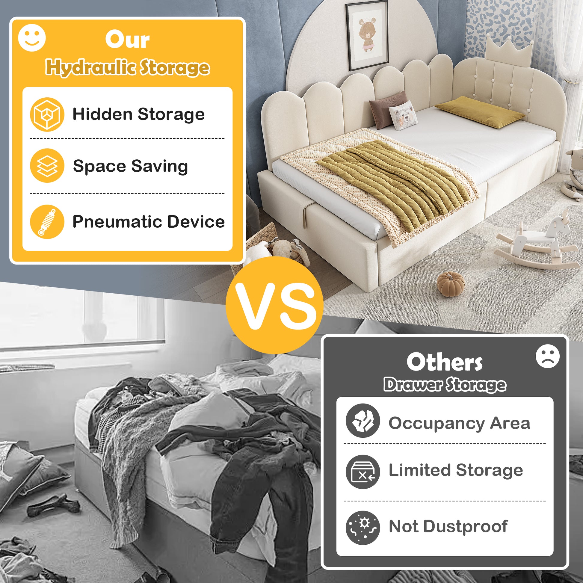 Beige upholstered HOMCOM daybed with hydraulic storage, crown-shaped design, velvet fabric, 3ft single sofa bed, no mattress included.