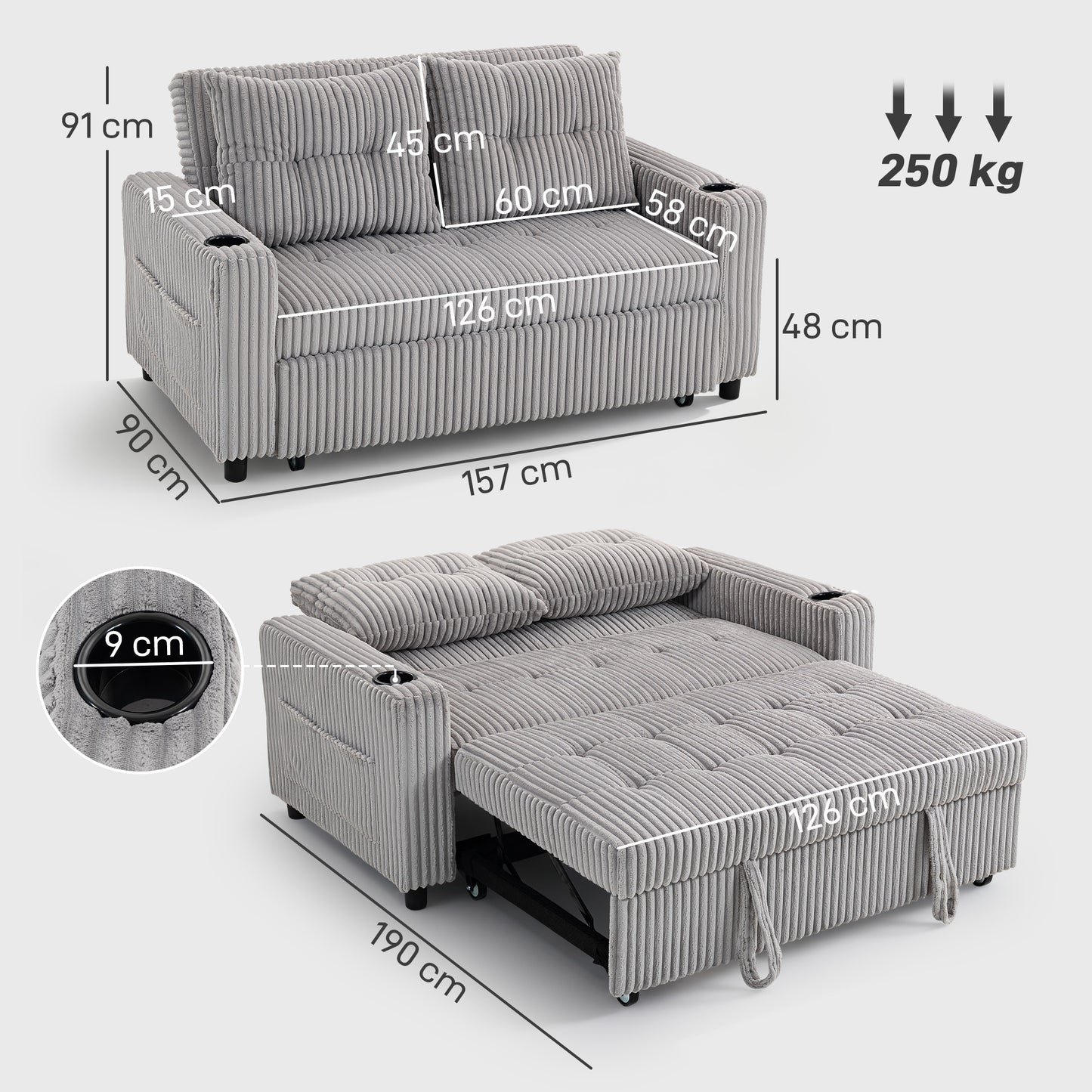 Light grey HOMCOM 2-seater click clack sofa bed with pull-out design and corduroy upholstery, shown in seated position.