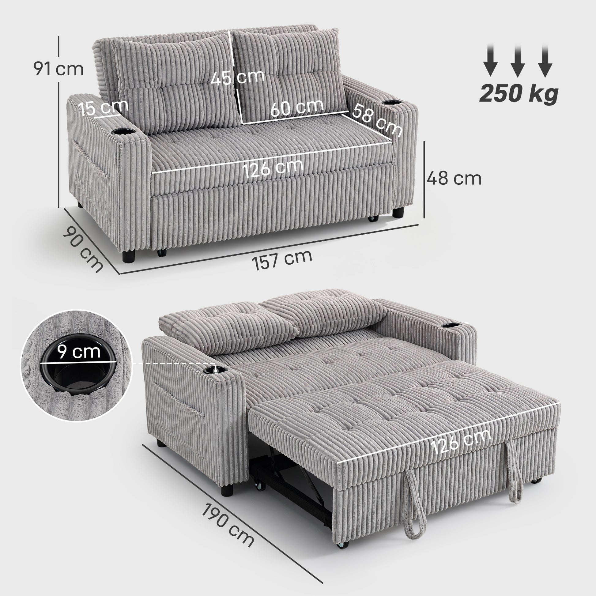 Light grey HOMCOM 2-seater click clack sofa bed with pull-out design and corduroy upholstery, shown in seated position.