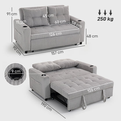 Light grey HOMCOM 2-seater click clack sofa bed with pull-out design and corduroy upholstery, shown in seated position.
