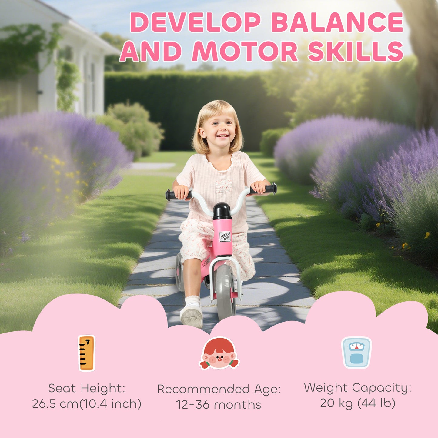 Pink HOMCOM toddler balance bike with no pedals, 3 silent wheels for 12-36 months, suitable for indoor and outdoor play.