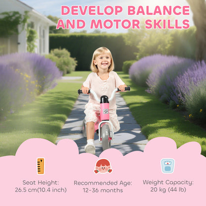 Pink HOMCOM toddler balance bike with no pedals, 3 silent wheels for 12-36 months, suitable for indoor and outdoor play.