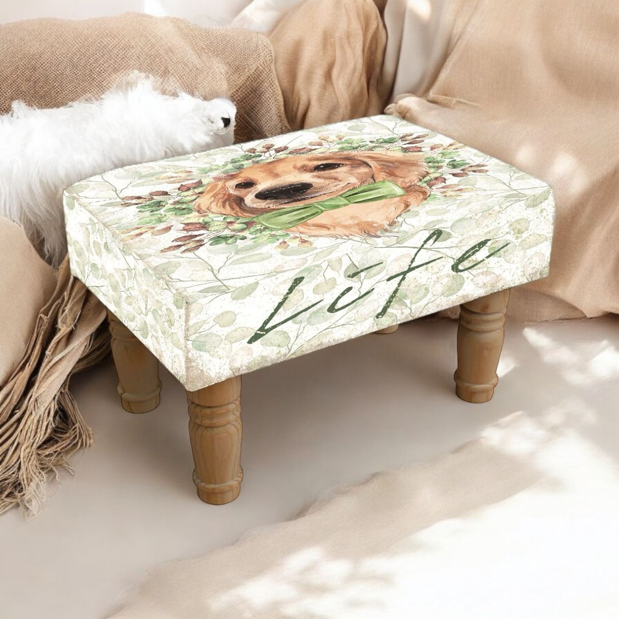 MSL dog footstool with plush cushion and wooden legs, providing a cozy resting spot for pets and stylish home decor.