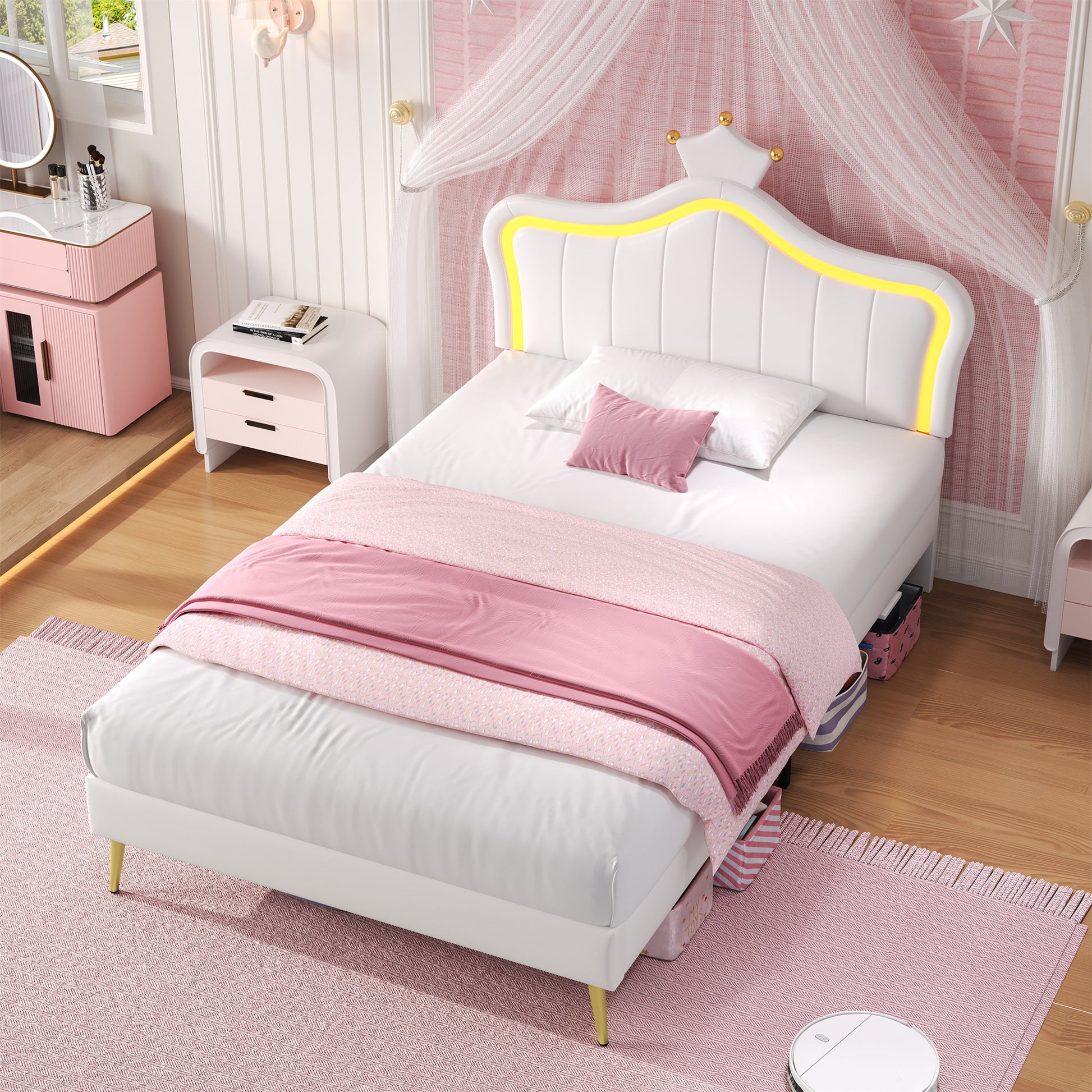 Cream white 3ft upholstered bed with LED crown-shaped headboard, PU leather frame, solid wood slats, no box spring, easy to assemble.