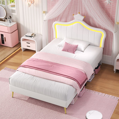 Cream white 3ft upholstered bed with LED crown-shaped headboard, PU leather frame, solid wood slats, no box spring, easy to assemble.