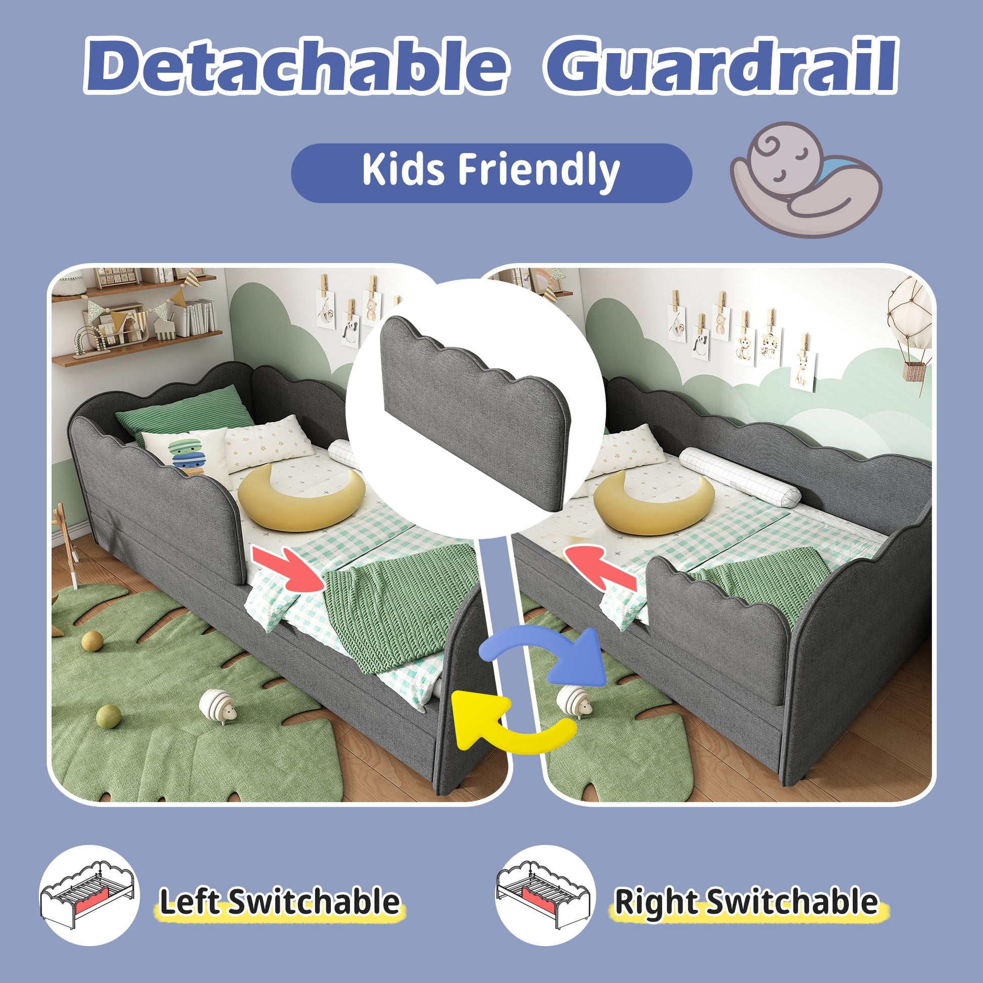 Grey upholstered HOMCOM single bed daybed with pull-out trundle, linen fabric, slatted frame, suitable for adults and children.