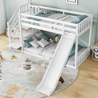 White HOMCOM bunk bed with stairs and slide, solid pine wood frame, children's bed with storage stairs, 90x190cm.