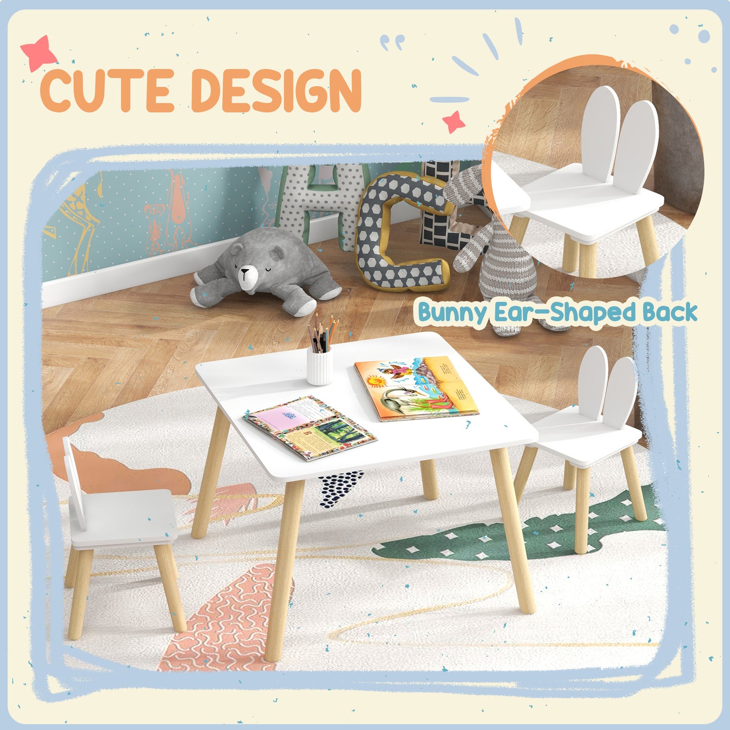 HOMCOM 3-piece toddler table and chair set with bunny ear backrests, ideal for nursery or playroom use.