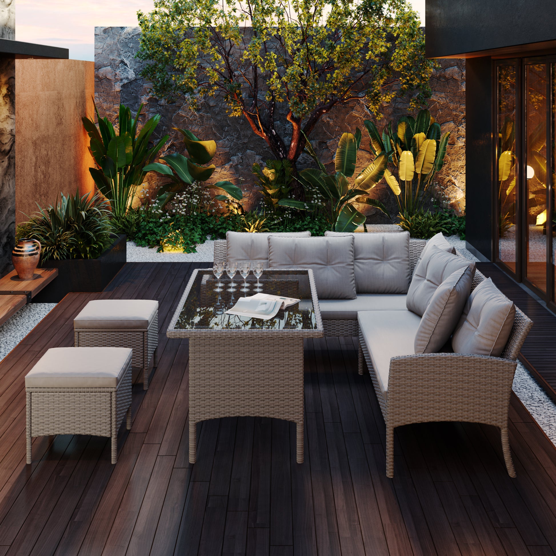 HOMCOM garden corner sofa set with light grey cushions, wicker rattan patio furniture, includes table and stools, 6-7 seats.
