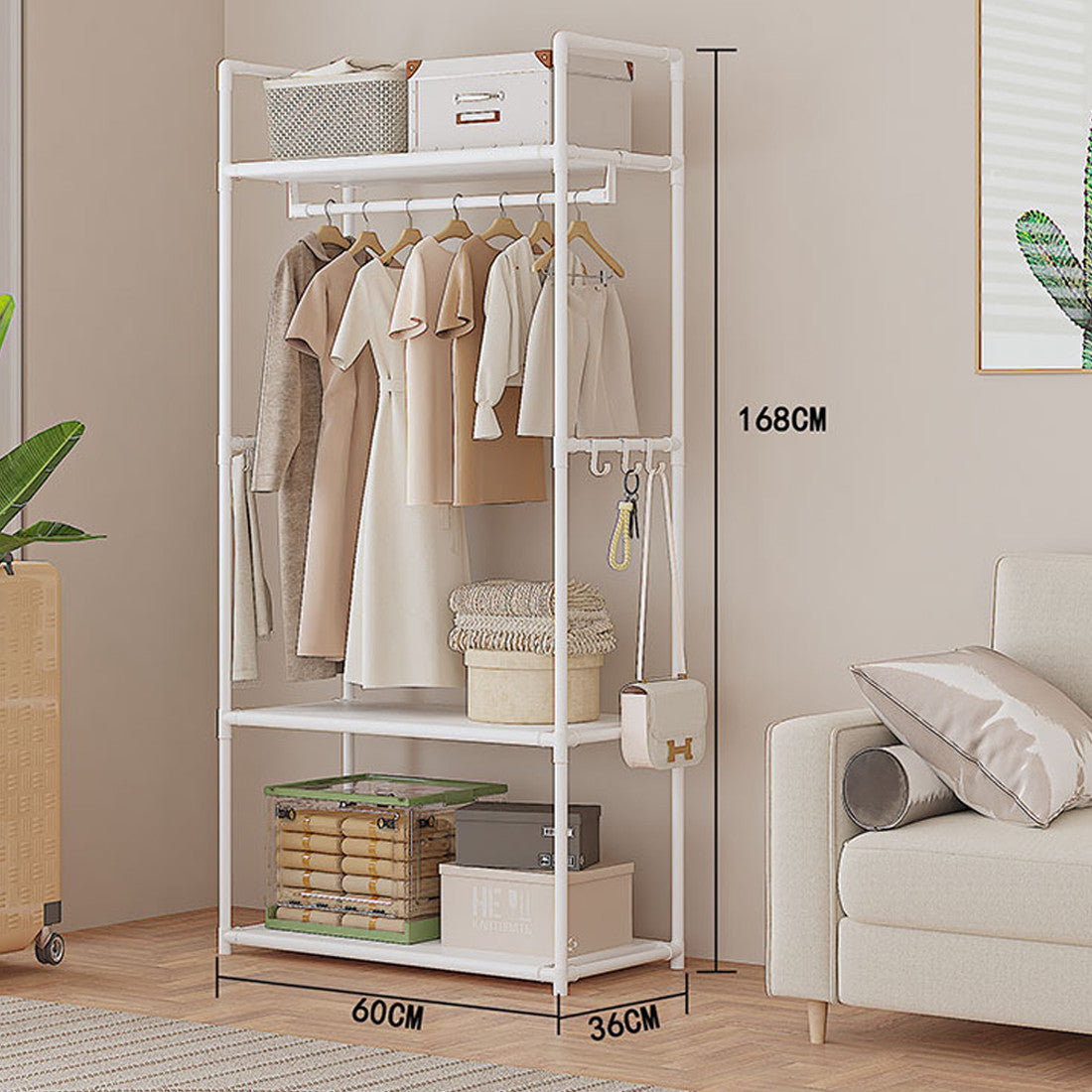 White HOMCOM multifunctional clothes rail with garment hanging bars and shoe rack, home storage shelf without wheels.