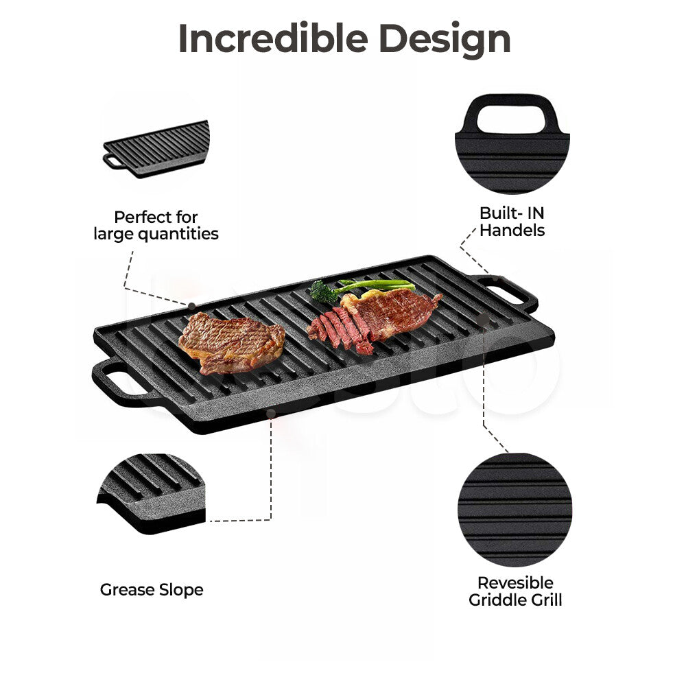 Cast iron HOMCOM reversible BBQ griddle skillet with double-sided design for grilling and frying.