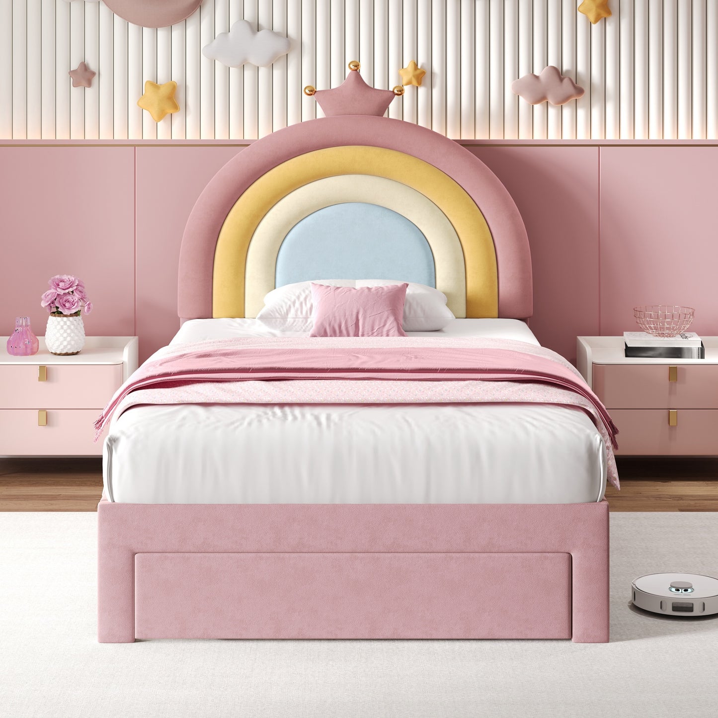 HOMCOM 3ft single velvet bed with adjustable rainbow crown headboard, storage drawer, easy to assemble, no box spring needed.
