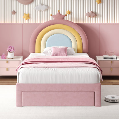 HOMCOM 3ft single velvet bed with adjustable rainbow crown headboard, storage drawer, easy to assemble, no box spring needed.