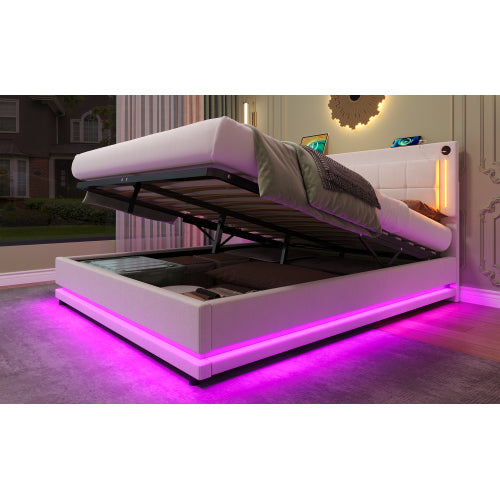 Beige 4ft6 double LED hydraulic bed by HOMCOM with tufted headboard, charging station, soft velvet fabric, USB and Type-C ports.