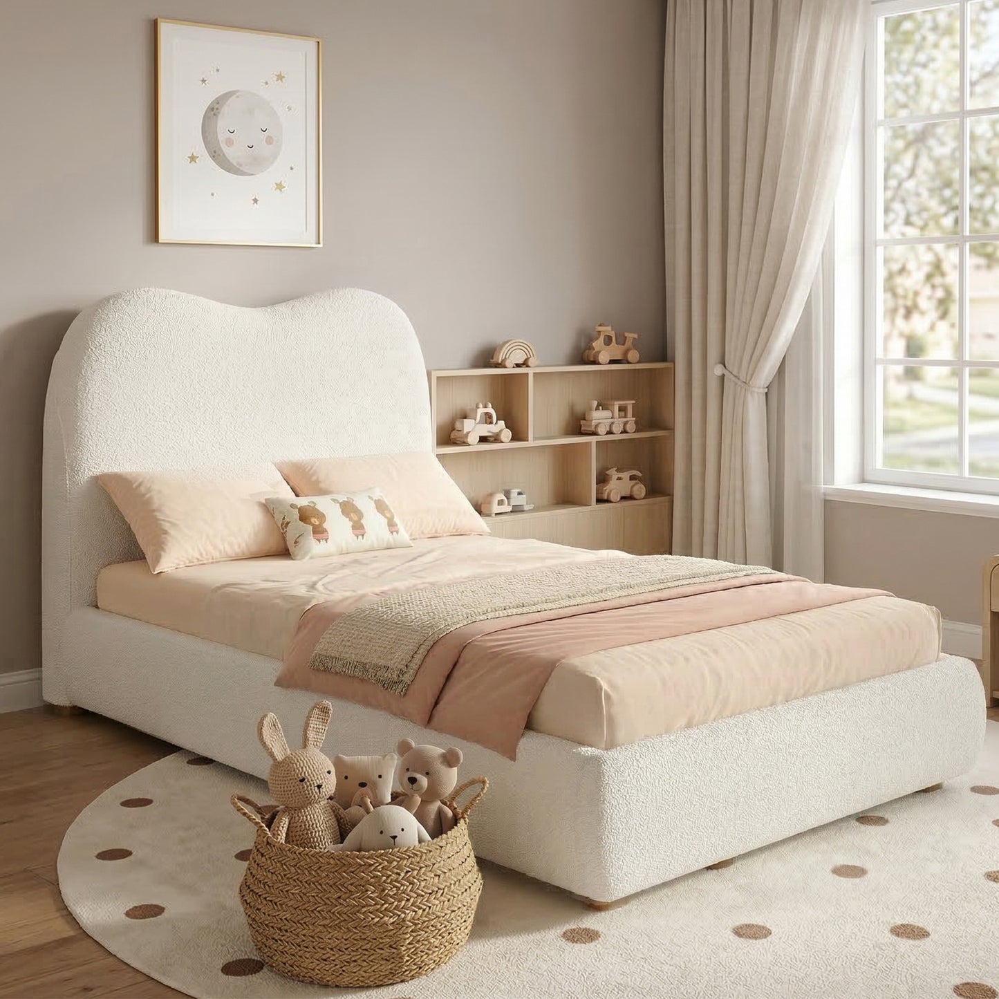 HOMCOM beige upholstered single children's hydraulic bed with headboard and large storage space, 3ft (90x190cm), boucle fabric.