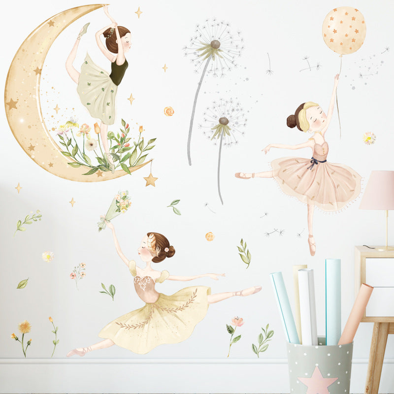 Watercolor Moon Star Stickers Dance Room Decoration Children's Room Princess Self-Adhesive Background Stickers Bedroom Dandelion Wall Stickers
