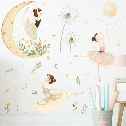 Watercolor Moon Star Stickers Dance Room Decoration Children's Room Princess Self-Adhesive Background Stickers Bedroom Dandelion Wall Stickers