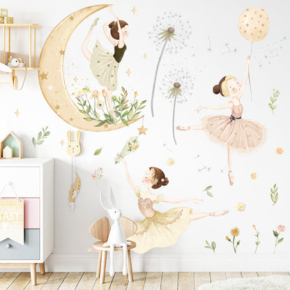 Watercolor Moon Star Stickers Dance Room Decoration Children's Room Princess Self-Adhesive Background Stickers Bedroom Dandelion Wall Stickers