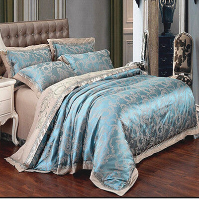 European four-piece satin jacquard bedding set by HOMCOM with pure cotton sheets and quilt cover, elegant wedding home textile.