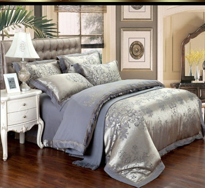 HOMCOM European four-piece satin jacquard bedding set with pure cotton quilt cover and sheets for elegant home decor.