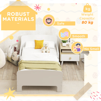 White HOMCOM toddler bed with safety side rails, kids bedroom furniture for ages 3-8, sturdy wooden frame with a smooth finish.