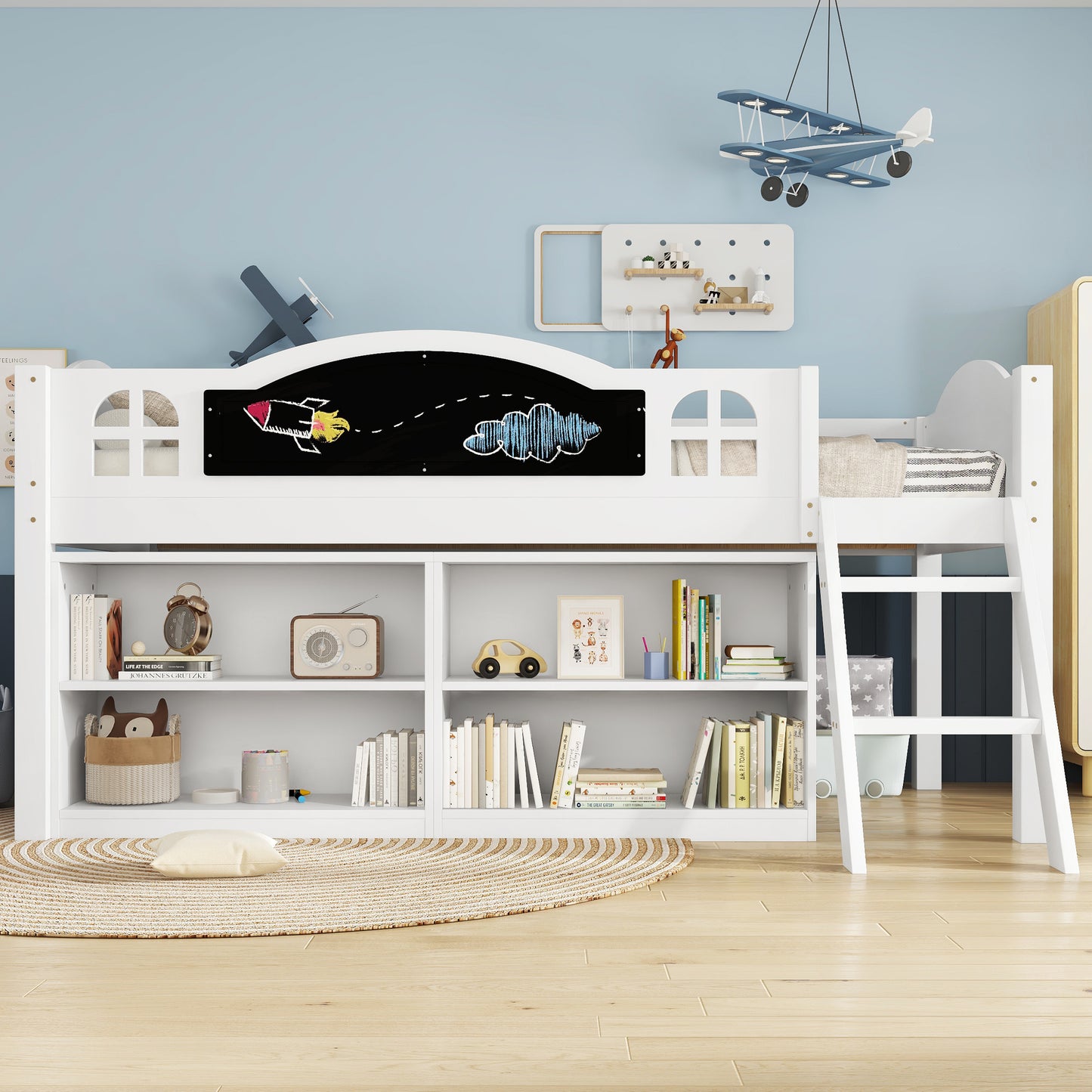 White wooden storage bed with blackboard, two-step staircase, storage cabinets, and pine-MDF-PB-plywood construction by HOMCOM.