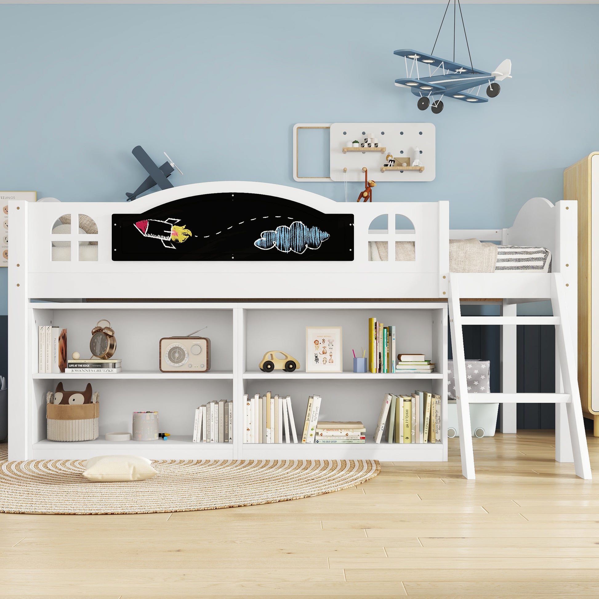 White wooden storage bed with blackboard, two-step staircase, storage cabinets, and pine-MDF-PB-plywood construction by HOMCOM.