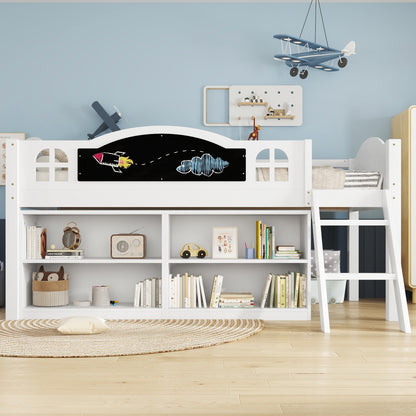 White wooden storage bed with blackboard, two-step staircase, storage cabinets, and pine-MDF-PB-plywood construction by HOMCOM.