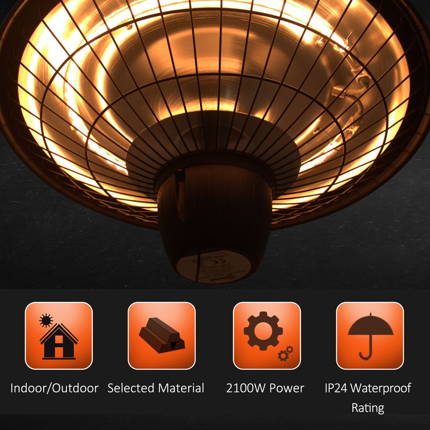 HOMCOM 2100W black outdoor ceiling-mounted halogen patio heater with hanging design and garden warmer light.