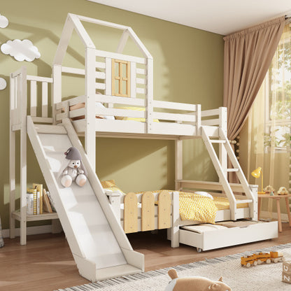 Kids Wooden Cabin Bunk Bed with Ladder & Slide – White Treehouse Design