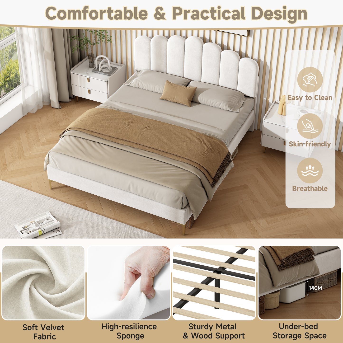 Beige HOMCOM double velvet upholstered bed frame with scalloped channel tufted headboard, gold metal feet, and under-bed storage space.