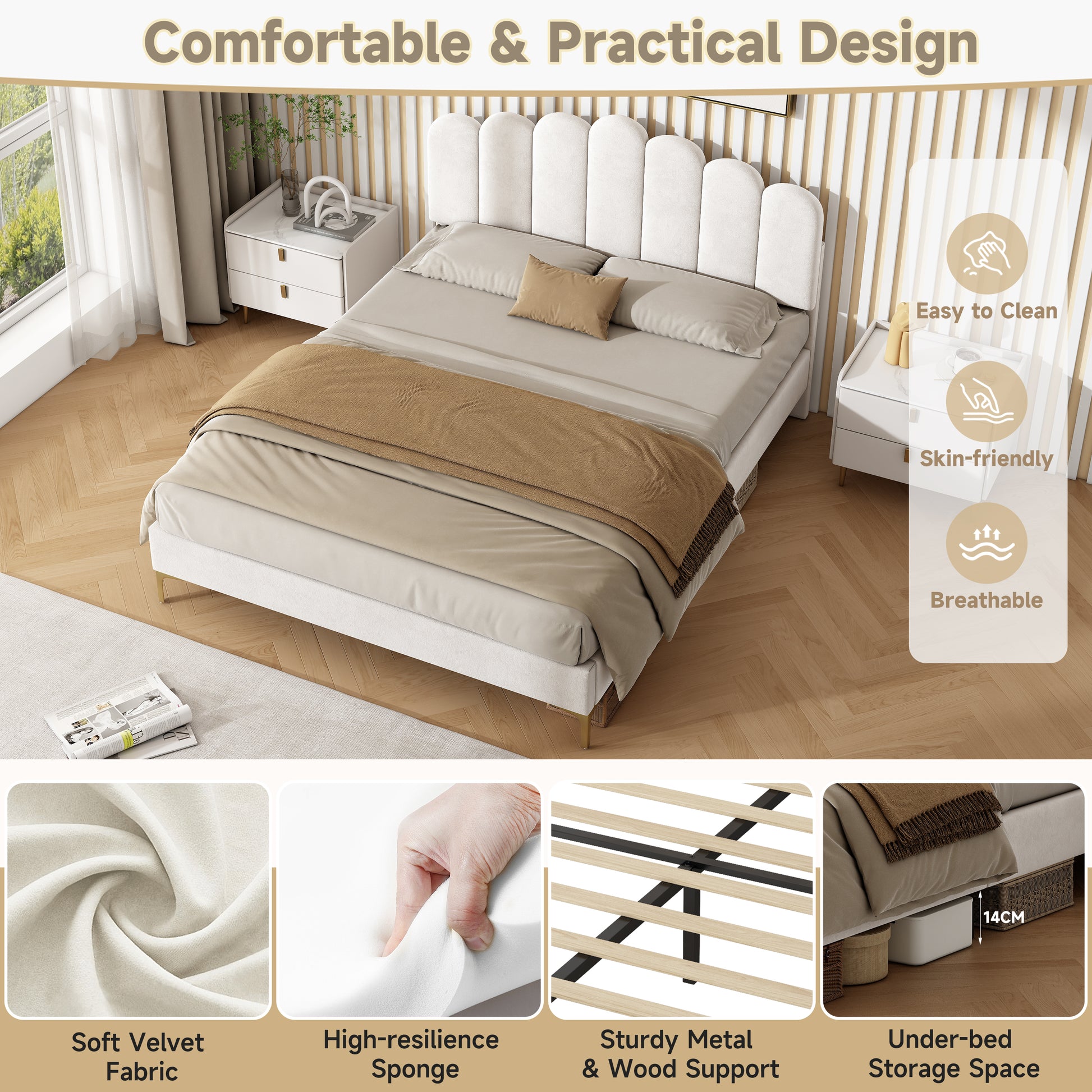 Beige HOMCOM double velvet upholstered bed frame with scalloped channel tufted headboard, gold metal feet, and under-bed storage space.