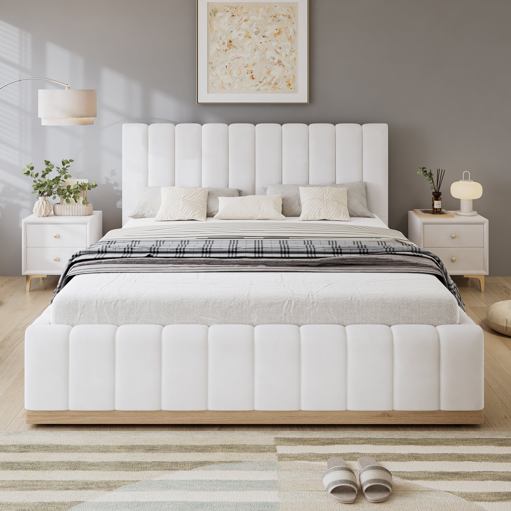 Beige upholstered double bed with soft headboard, sturdy bed slats, made of PU, MDF, and plywood, 135x190cm size.