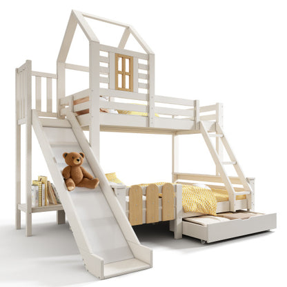 Kids Wooden Cabin Bunk Bed with Ladder & Slide – White Treehouse Design