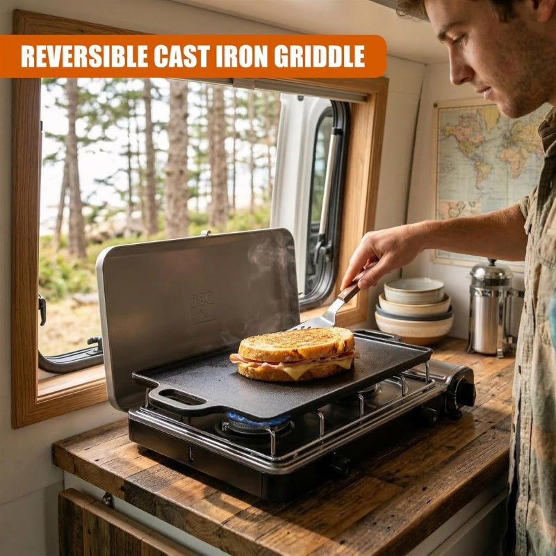 Cast iron HOMCOM reversible BBQ griddle plate with flat and ribbed sides for grilling and frying.