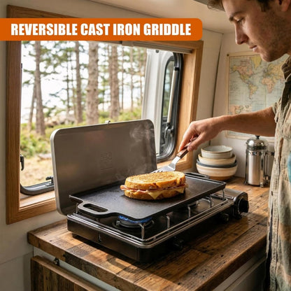 Cast iron HOMCOM reversible BBQ griddle plate with flat and ribbed sides for grilling and frying.