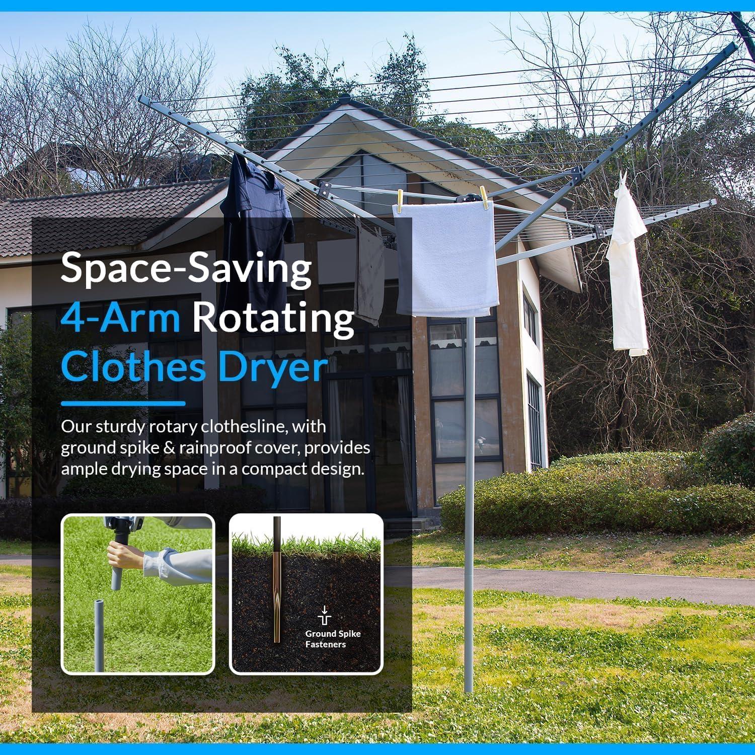 50M rotary airer dryer cover with metal spike, weather-resistant protection for outdoor clothes drying equipment