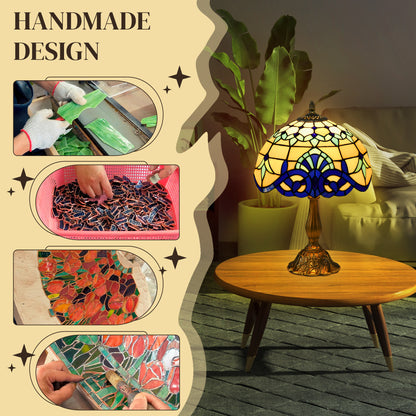 HOMCOM stained glass table lamp with blue antique design, handmade bedside light for bedroom, living room, and nightstand decor