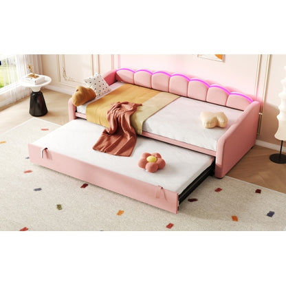 Petal-Shape Upholstered Daybed 3FT – Velvet Single Bed with RGB LED Lighting & Pull-Out Trundle (90x190cm)