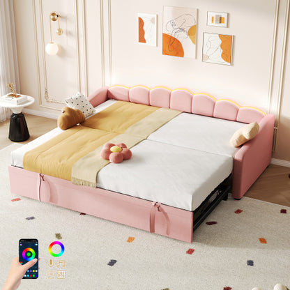 Petal-Shape Upholstered Daybed 3FT – Velvet Single Bed with RGB LED Lighting & Pull-Out Trundle (90x190cm)