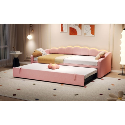 Petal-Shape Upholstered Daybed 3FT – Velvet Single Bed with RGB LED Lighting & Pull-Out Trundle (90x190cm)