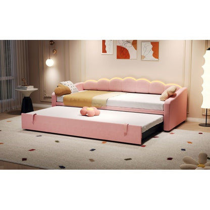 Petal-Shape Upholstered Daybed 3FT – Velvet Single Bed with RGB LED Lighting & Pull-Out Trundle (90x190cm)