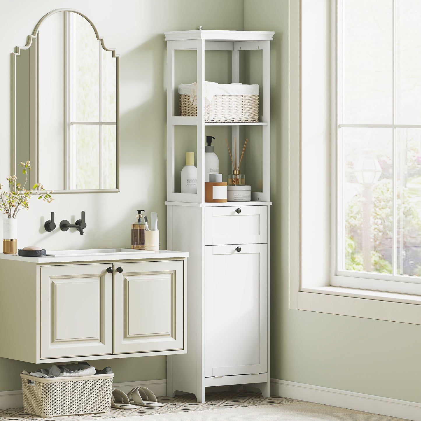 White HOMCOM tall bathroom cabinet with laundry basket and storage shelves, ideal for organizing bathroom essentials.