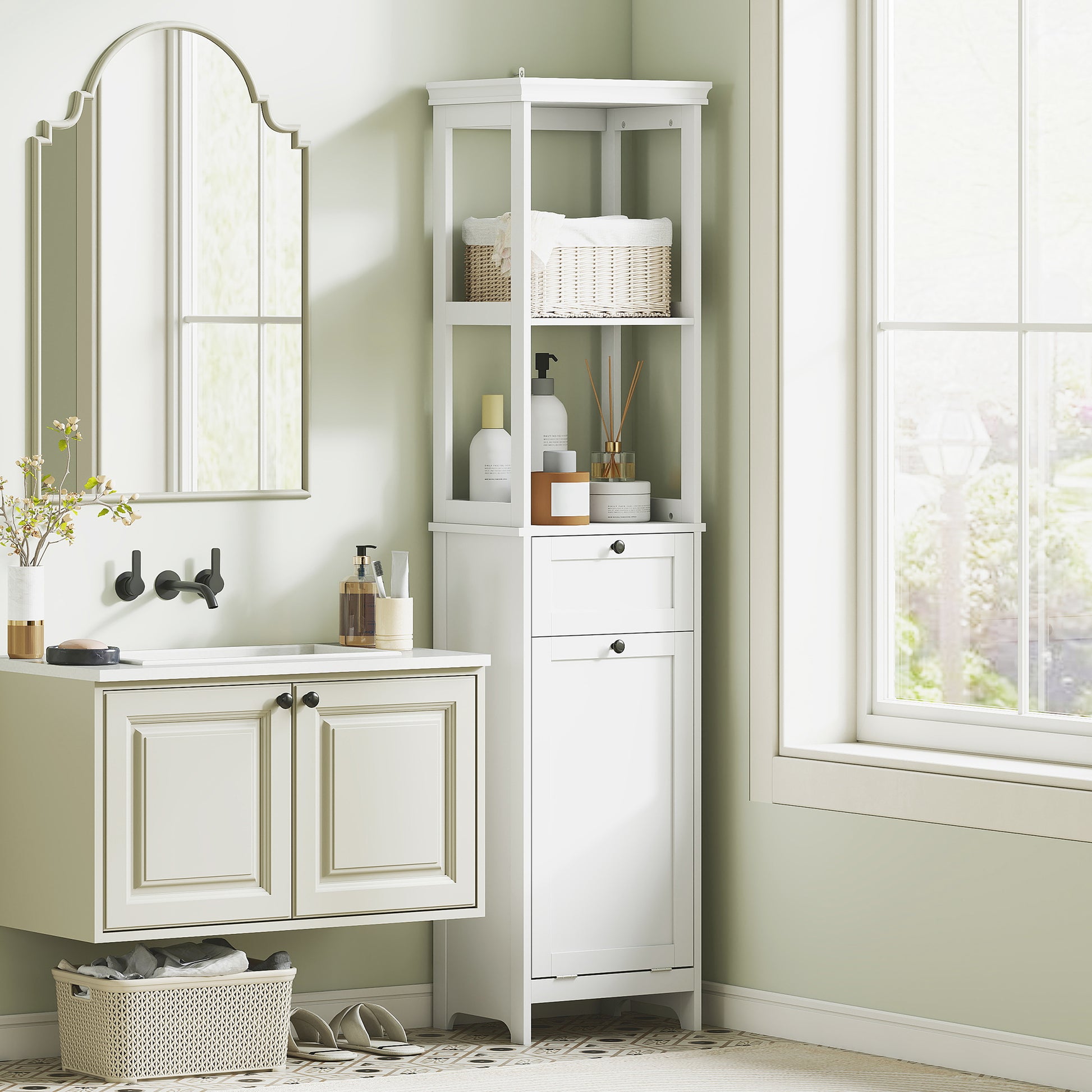 White HOMCOM tall bathroom cabinet with laundry basket and storage shelves, ideal for organizing bathroom essentials.