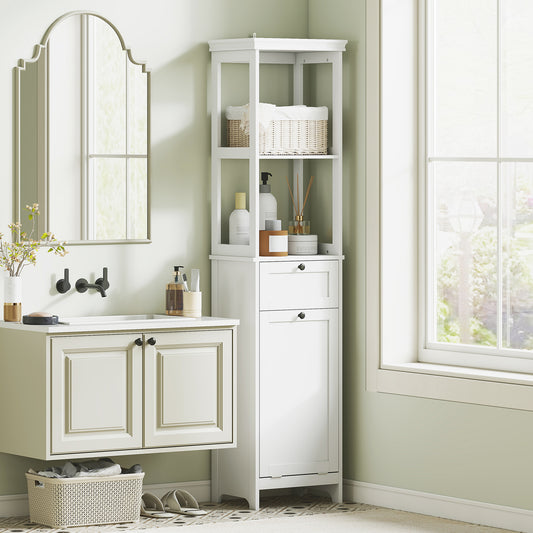 White HOMCOM tall bathroom cabinet with laundry basket and storage shelves, ideal for organizing bathroom essentials.