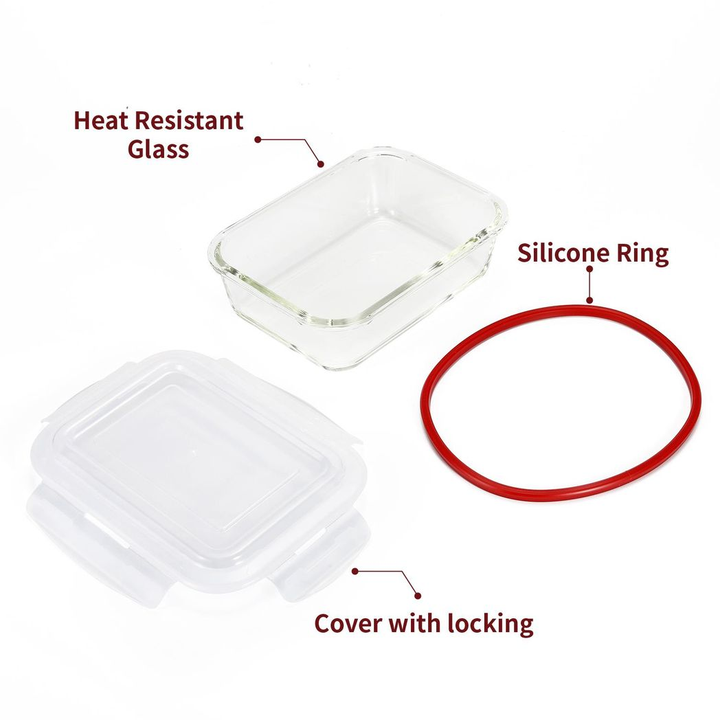 Set of 10 Vinsani glass food storage containers with lids, rectangular, heat-resistant, leakproof, BPA-free, dishwasher, microwave, freezer safe.