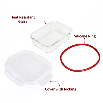 Set of 10 Vinsani glass food storage containers with lids, rectangular, heat-resistant, leakproof, BPA-free, dishwasher, microwave, freezer safe.