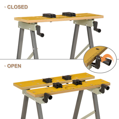 HOMCOM DURHAND 4-in-1 work bench with folding design, adjustable clamping pegs, grey DIY garage table shown in the image.