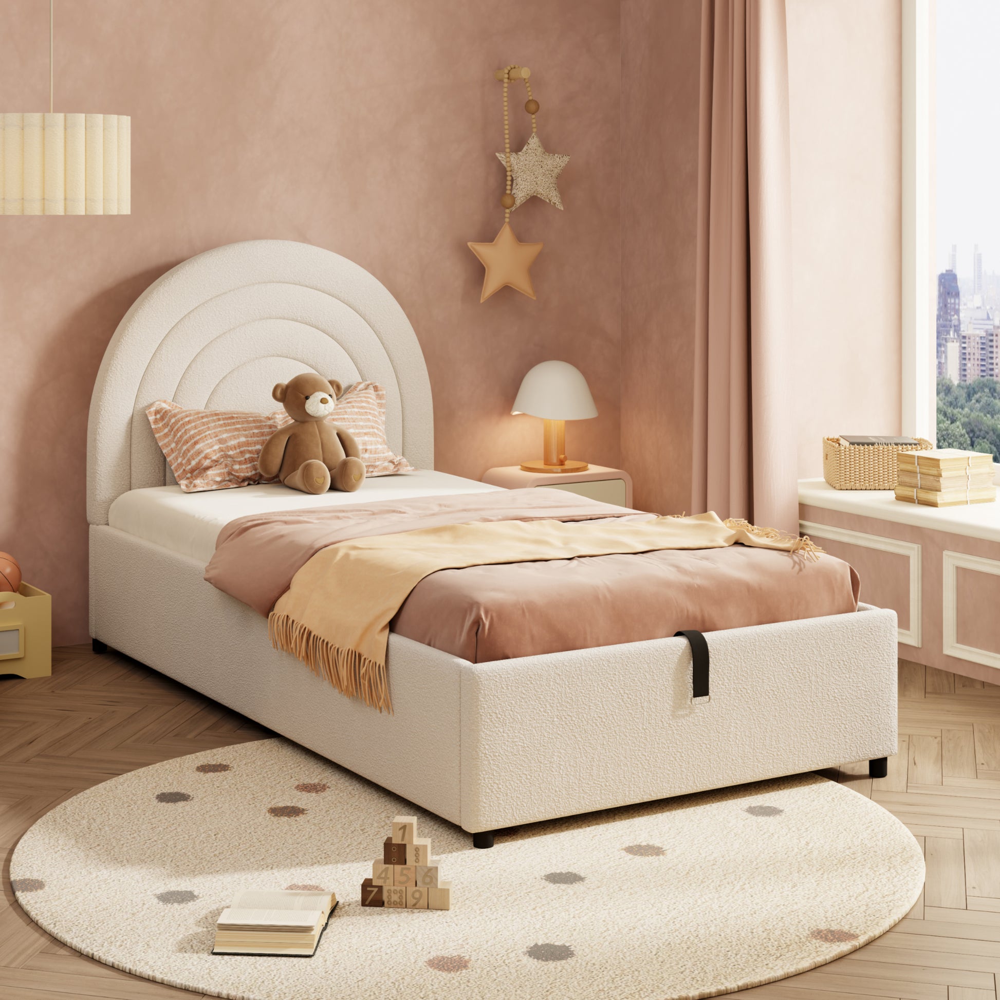Beige upholstered children's bed with wooden slats, headboard, and boucle fabric, suitable for teens and adults, easy to assemble.