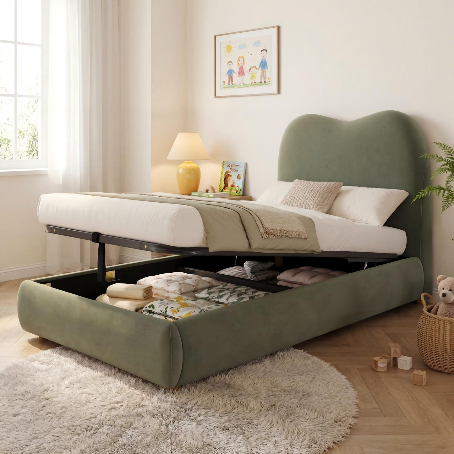 Green upholstered children’s single bed with velvet headboard, hydraulic storage, and large under-bed space, by HOMCOM.